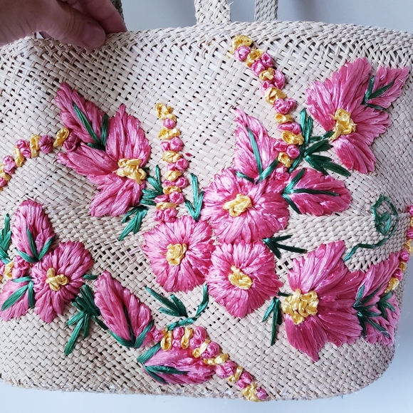 Vintage Pink Floral Wicker Bag - Picture 8 of 12
